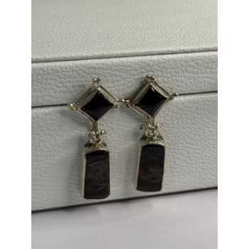 925 Sterling Silver Abalone & Onyx Earrings Length 1.50 Inch