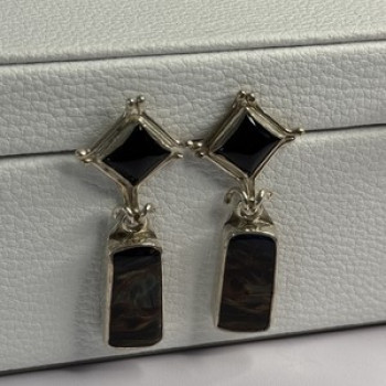925 Sterling Silver Abalone & Onyx Earrings Length 1.50 Inch
