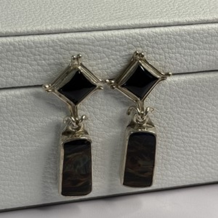 925 Sterling Silver Abalone & Onyx Earrings Length 1.50 Inch