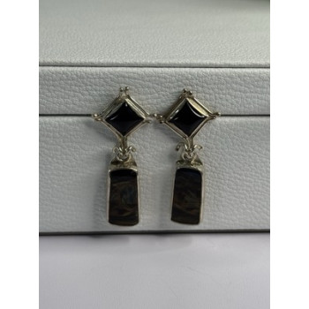 925 Sterling Silver Abalone & Onyx Earrings Length 1.50 Inch
