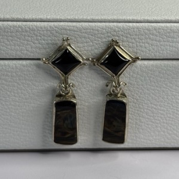 925 Sterling Silver Abalone & Onyx Earrings Length 1.50 Inch