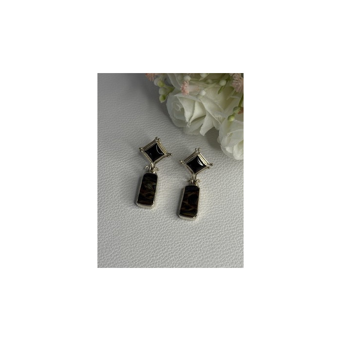 925 Sterling Silver Abalone & Onyx Earrings Length 1.50 Inch