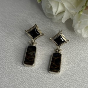 925 Sterling Silver Abalone & Onyx Earrings Length 1.50 Inch