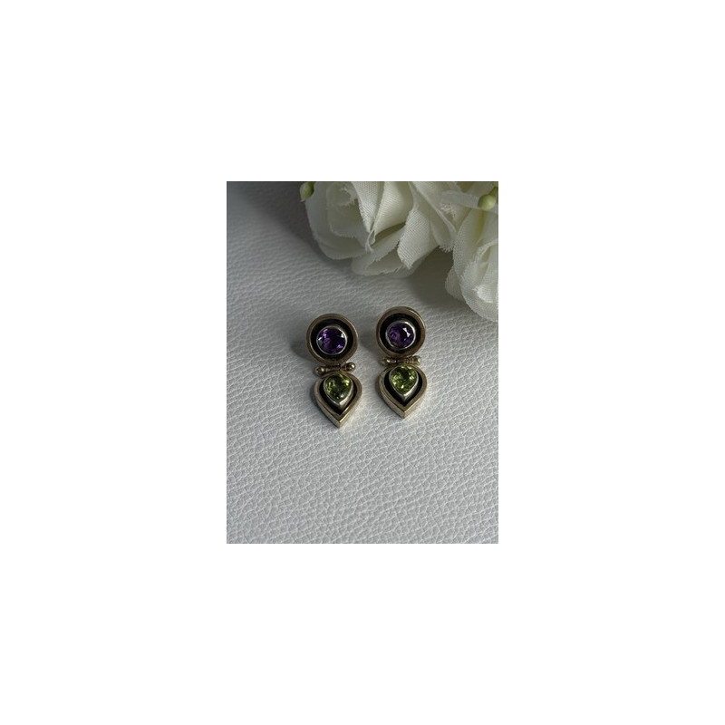 925 Sterling Silver Amethyst & Peridot Earrings Length 1 Inch