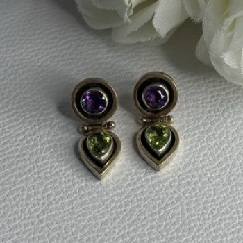925 Sterling Silver Amethyst & Peridot Earrings Length 1 Inch