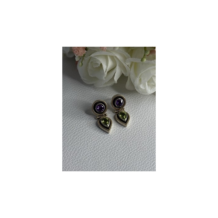 925 Sterling Silver Amethyst & Peridot Earrings Length 1 Inch