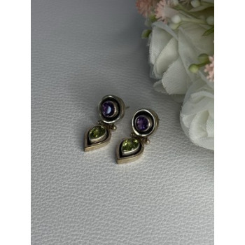 925 Sterling Silver Amethyst & Peridot Earrings Length 1 Inch