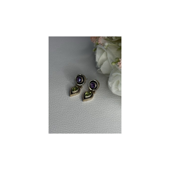 925 Sterling Silver Amethyst & Peridot Earrings Length 1 Inch