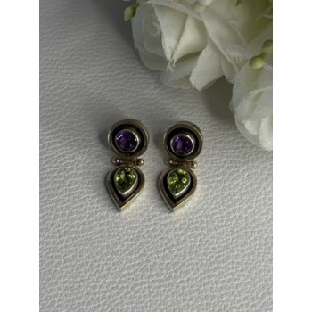 925 Sterling Silver Amethyst & Peridot Earrings Length 1 Inch