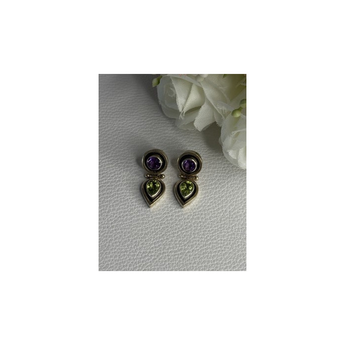 925 Sterling Silver Amethyst & Peridot Earrings Length 1 Inch