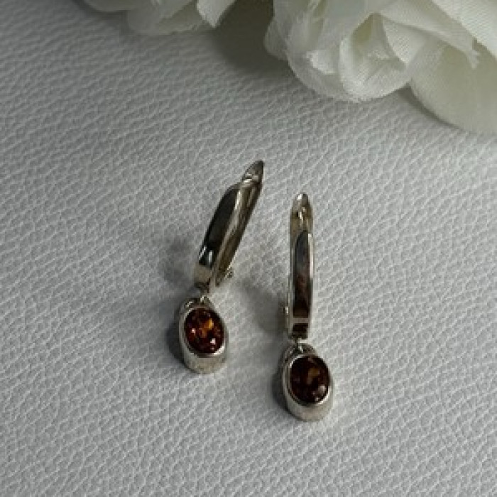 925 Sterling Silver Hessonite Earrings Length 1 Inch