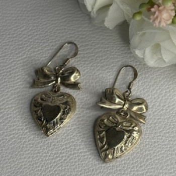 Vintage 925 Sterling Silver Heart Earrings Length 1.70 Inch