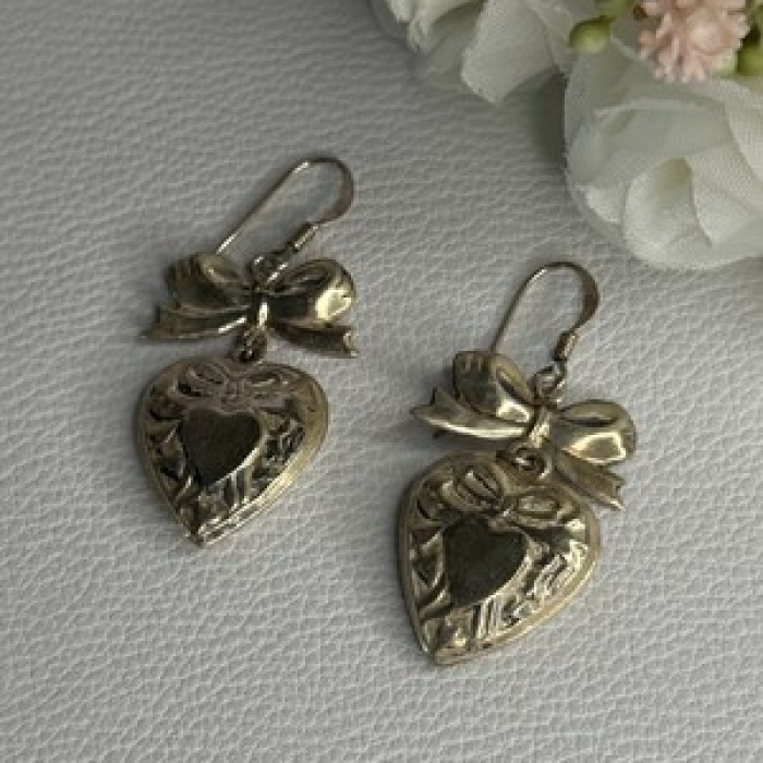 Vintage 925 Sterling Silver Heart Earrings Length 1.70 Inch