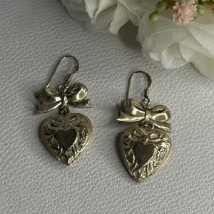 Vintage 925 Sterling Silver Heart Earrings Length 1.70 Inch