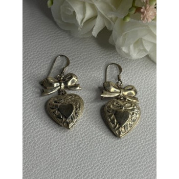 Vintage 925 Sterling Silver Heart Earrings Length 1.70 Inch