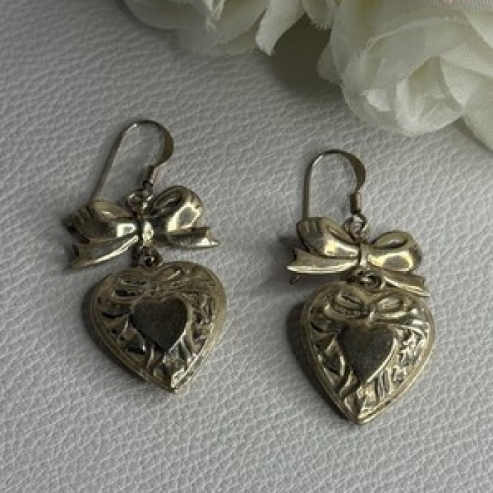 Vintage 925 Sterling Silver Heart Earrings Length 1.70 Inch