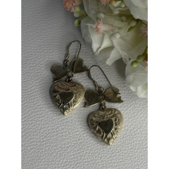 Vintage 925 Sterling Silver Heart Earrings Length 1.70 Inch