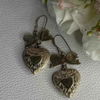Vintage 925 Sterling Silver Heart Earrings Length 1.70 Inch
