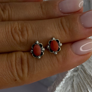925 Sterling Silver Carnelian Stud Earrings Length 0.40 Inch