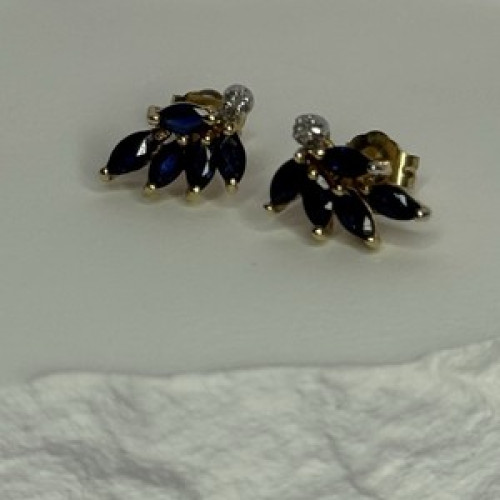 14K Yellow Gold Sapphire & Diamond Dream Earrings Length 0.4 Inch