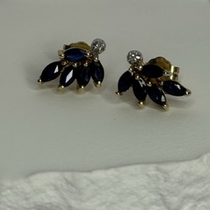 14K Yellow Gold Sapphire & Diamond Dream Earrings Length 0.4 Inch