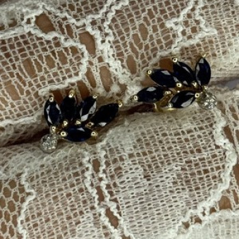 14K Yellow Gold Sapphire & Diamond Dream Earrings Length 0.4 Inch