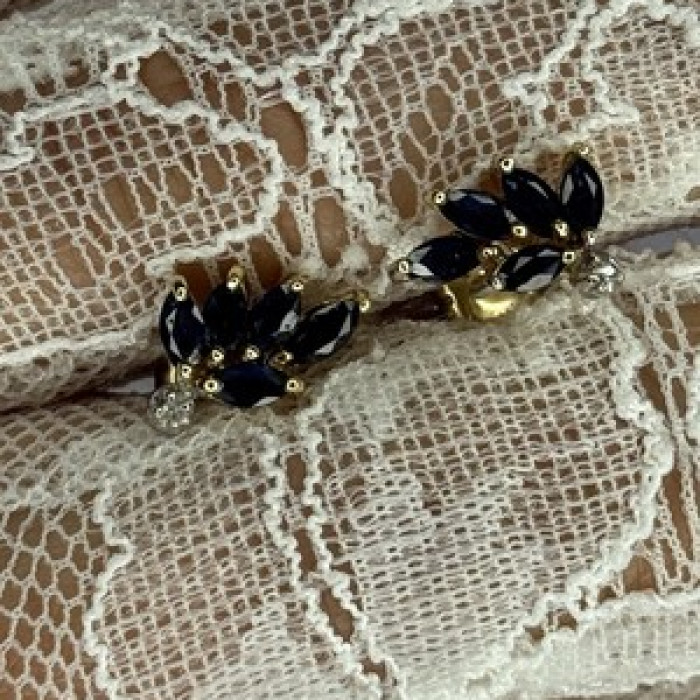 14K Yellow Gold Sapphire & Diamond Dream Earrings Length 0.4 Inch