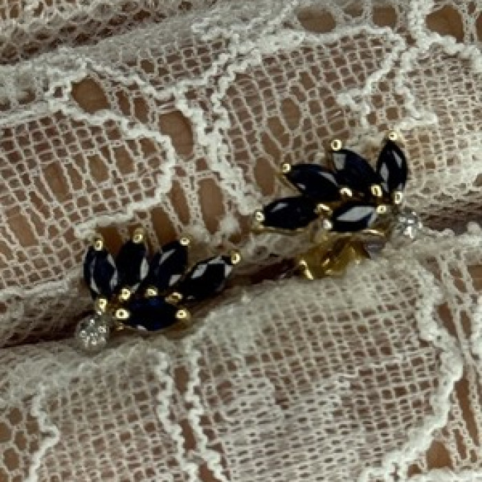 14K Yellow Gold Sapphire & Diamond Dream Earrings Length 0.4 Inch