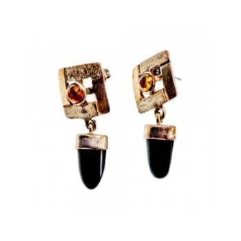 925 Sterling Silver Black Agate & Amber Earrings