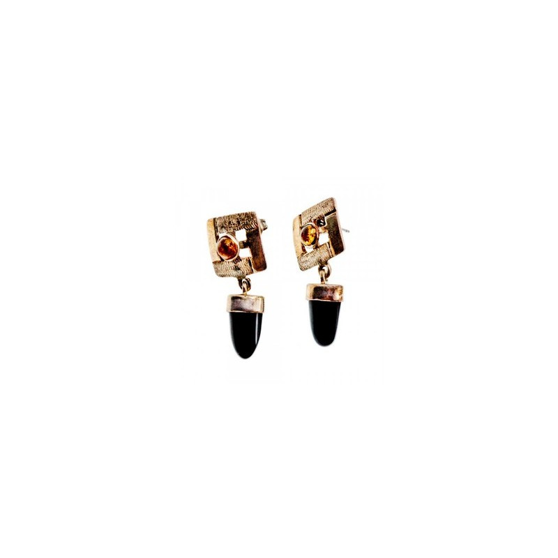 925 Sterling Silver Black Agate & Amber Earrings