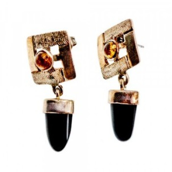 925 Sterling Silver Black Agate & Amber Earrings
