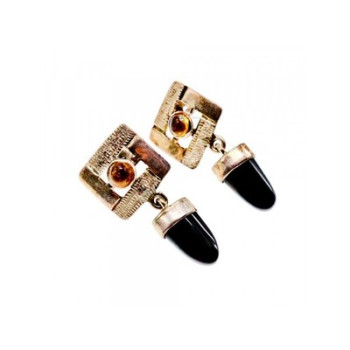 925 Sterling Silver Black Agate & Amber Earrings