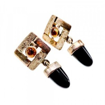 925 Sterling Silver Black Agate & Amber Earrings
