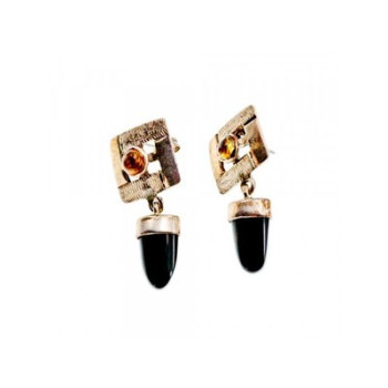 925 Sterling Silver Black Agate & Amber Earrings