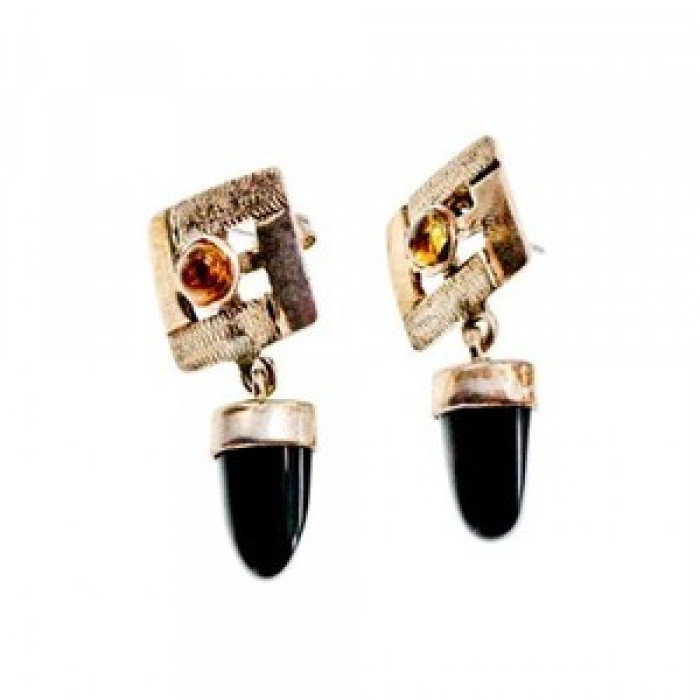 925 Sterling Silver Black Agate & Amber Earrings