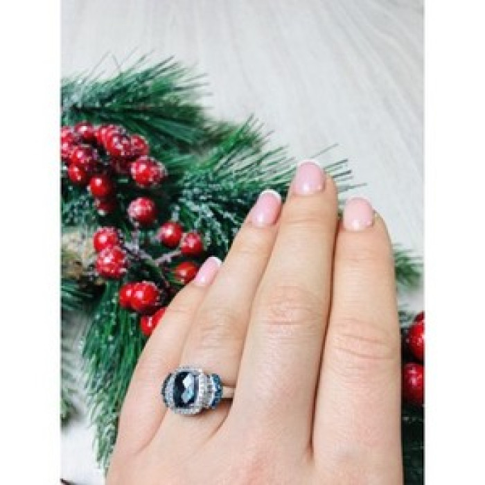 925 Sterling Silver Aquamarines Ring Size 7