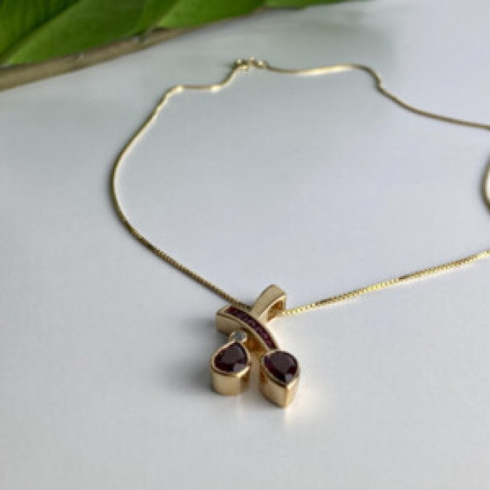 925 Sterling Silver Gold Plated Rubellite & CZ Chain With Pendant
