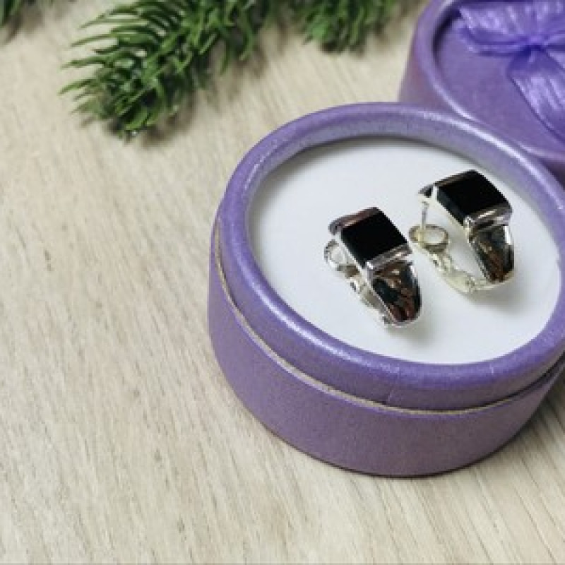 925 Sterling Silver Black Nephrite ( Jade ) Earrings
