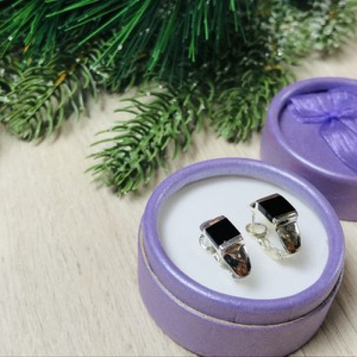 925 Sterling Silver Black Nephrite ( Jade ) Earrings