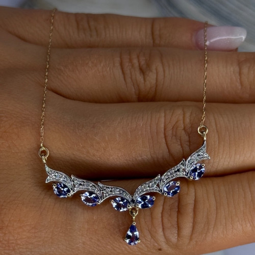VJL 10K Yellow Gold Tanzanite & Diamond Necklace Length 18 inch