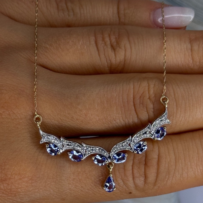VJL 10K Yellow Gold Tanzanite & Diamond Necklace Length 18 inch