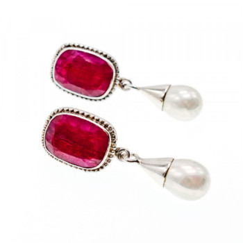 Vintage 925 Sterling Silver Ruby & Pearls Stud Earrings