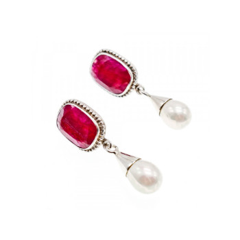 VINTAGE 925 STERLING SILVER RUBY & PEARLS STUD EARRINGS