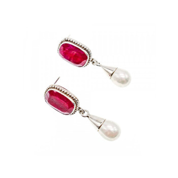 VINTAGE 925 STERLING SILVER RUBY & PEARLS STUD EARRINGS