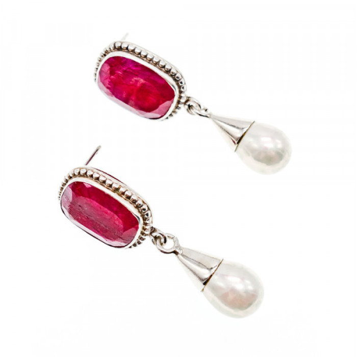 Vintage 925 Sterling Silver Ruby & Pearls Stud Earrings