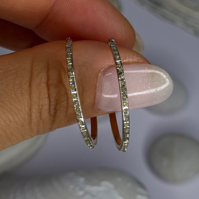14K Yellow Gold Peridot Earrings Hoops Length 1 Inch