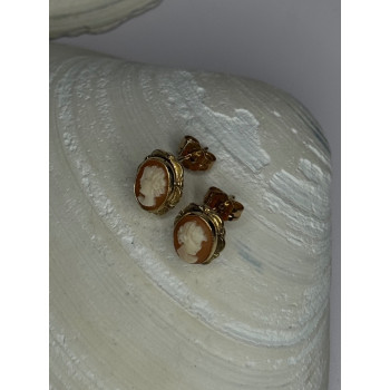 10K Yellow Gold Cameo Stud Earrings Length 0.40 inch