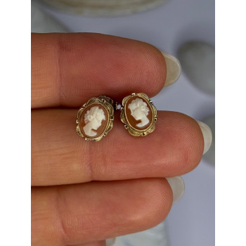 10K Yellow Gold Cameo Stud Earrings Length 0.40 inch