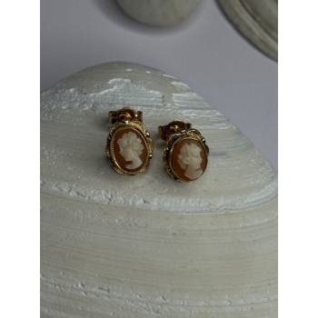 10K Yellow Gold Cameo Stud Earrings Length 0.40 inch