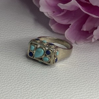 925 Sterling Silver Turquoise & Sodalite Ring Size 7.5